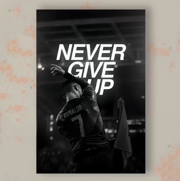 1pc Cristiano Ronaldo Never Give Up Motivational Soccer Poster - Frameless Canvas Wall Art Print, Black & White Athletic Decor for Gym, Office, Living Room - Ideal Cristiano Ronaldo Fan Gift