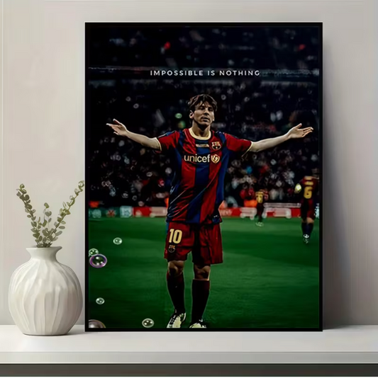 [2D Flat] A Single Piece of Lionel Messi Artwork Featuring The Iconic Number 10 Jersey, a Victory Celebration Poster with The Motto 'Impossible Is Nothing' - Ready to Hang Canvas Print for Living Rooms Or Offices,